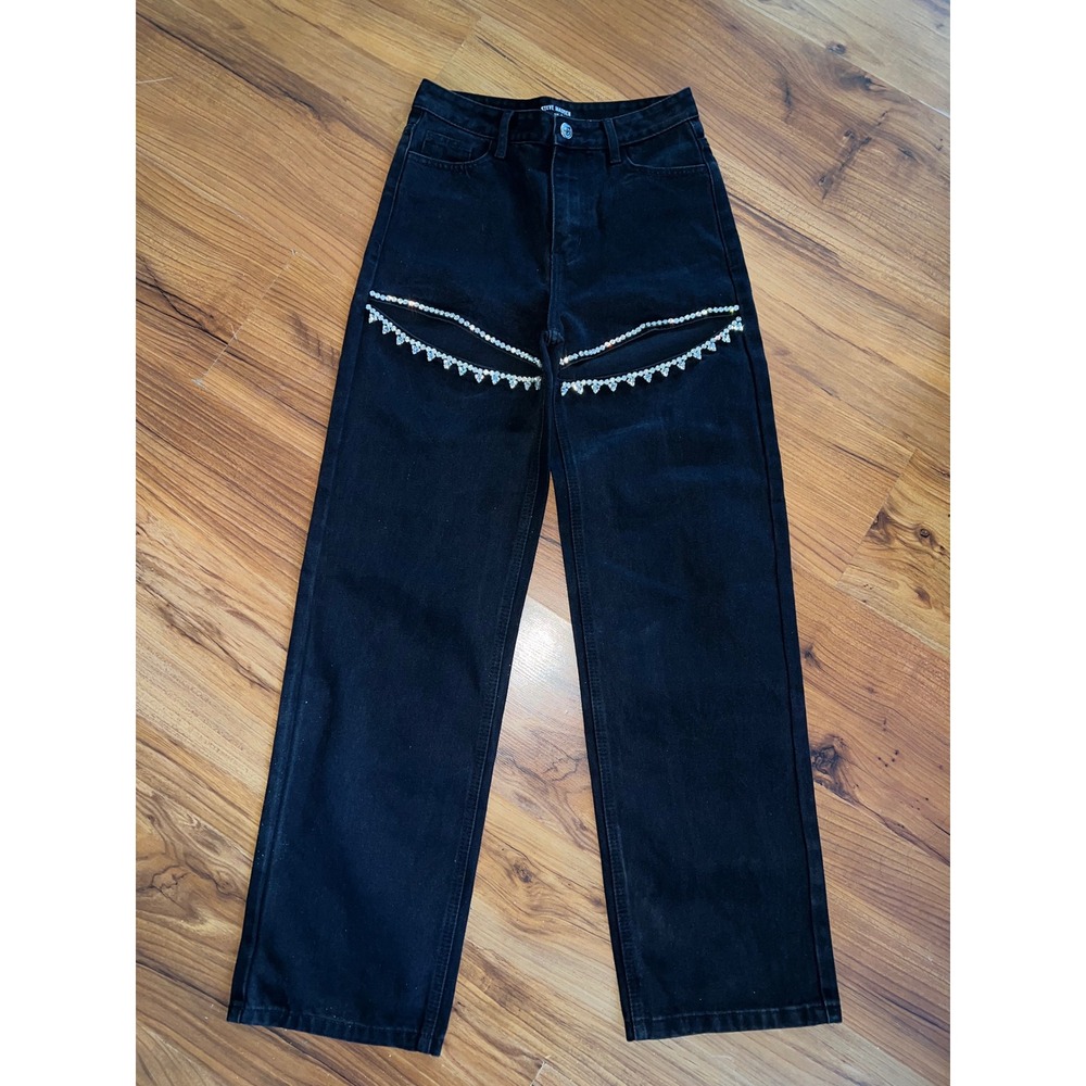 Steve Madden Rhinestone Cutout Wide Leg Jeans Black BO303253 Womens Size 25